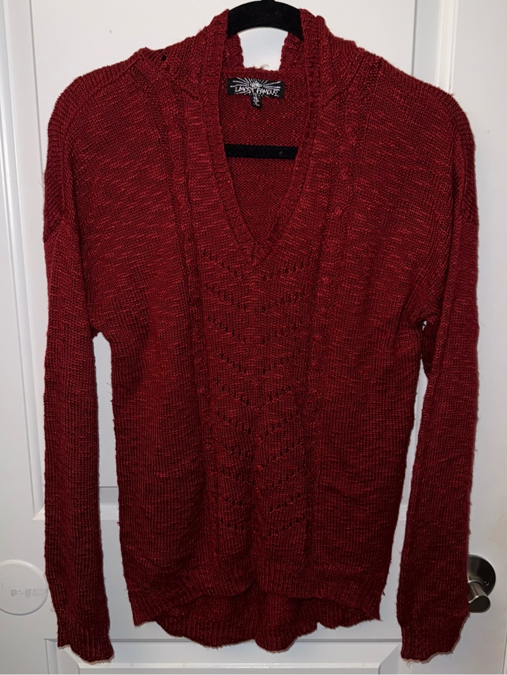 🔥5/$25🔥 Almost Famous Red Open Knit V-Neck Sweater W Hood Preowned Size XL